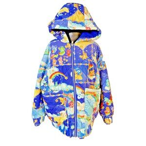 Dolls Kill Care Bears Puffer Jacket Quilted Hooded Rainbow Y2K Rave Sz XS